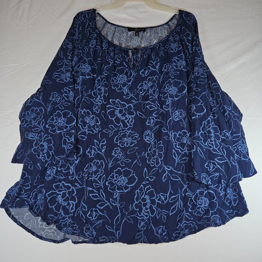 Fred David Womens 3X Blue Floral Peasant Blouse Boho Sheer Tie Neck 3/4 Sleeve